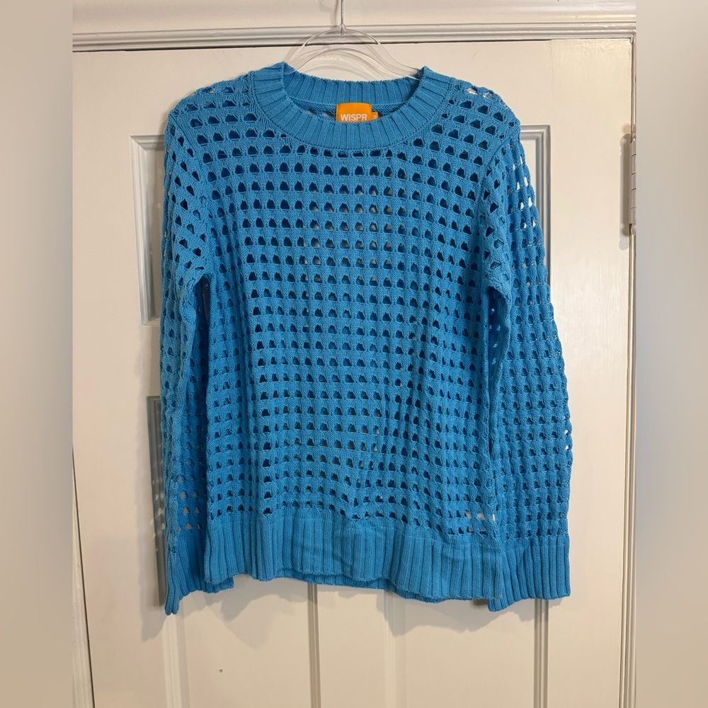 Open-Knit Crewneck Sweater in Turquoise Blue